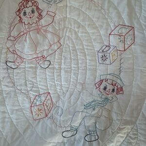 Raggedy Ann and Andy Vintage Embroidered Quilt with school blocks.